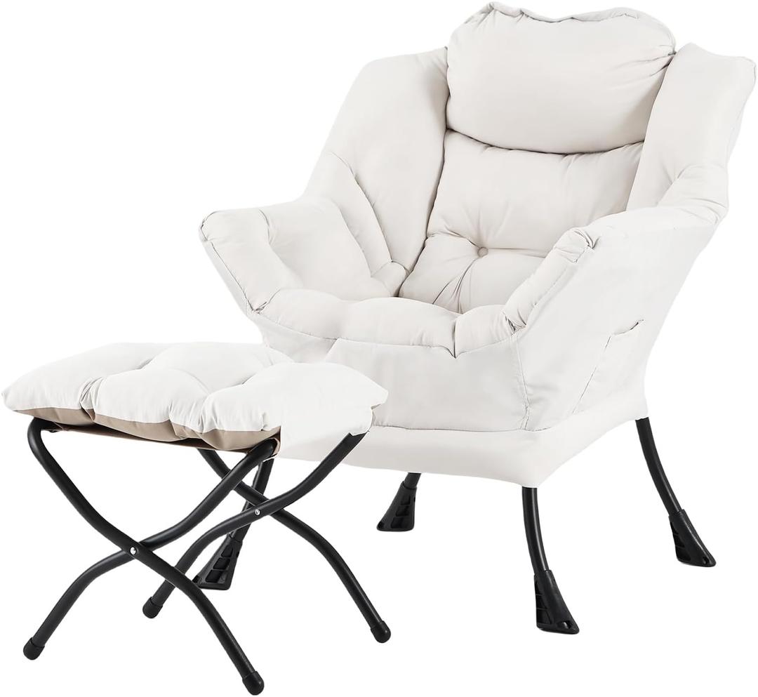 Lazy Chair with Ottoman, Modern Lounge Accent Armchair Leisure Upholstered Lazy Sofa Set with Armrests, Reading Chair for Living Room, Bedroom, Office, Beige (Beige)