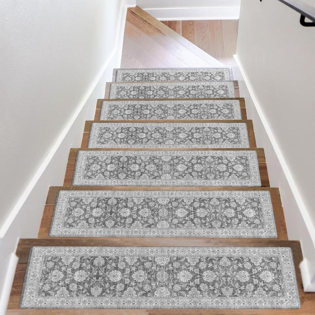 OJIA Extra Non-Slip Stair Treads for Wooden Steps 15PCS, 30"X8" Rubber Indoor Stair Runner Slip Resistant Stair Rugs Safety Mats for Dogs, Kids & Elders, Stairway Grip Step Treads, Gray