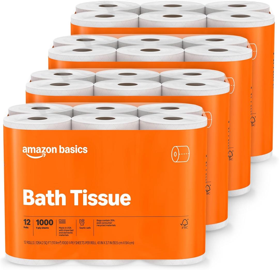 Amazon Basics 1000 Sheet 1-Ply Bath Tissue, 48 Rolls (4 Packs of 12), Septic Safe