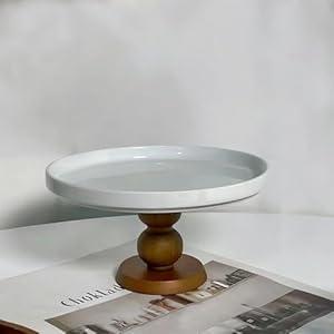 White Cake Stand Small Mini Cake Pedestal Plate Stand, 6 inch Vintage Ceramic Round Wood Pie Stand for Party Wedding, Candle Jewelry Decorative Tray (Brown Wooden High-Foot)