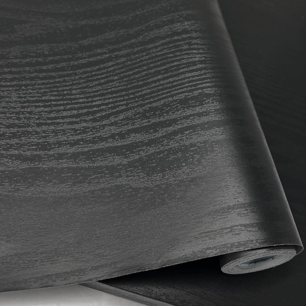 Thicken Black Wood Contact Paper Peel and Stick - 17" × 394" Vinyl Self-Adhesive & Removable Waterproof Wallpaper for Countertop Furniture, Easy to Clean