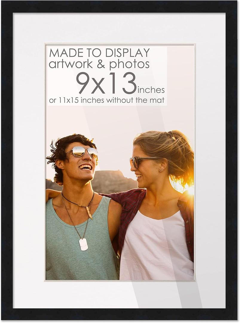 9x13 Black Wood Frame with White Mat | 11x15 Matted to 9x13 | UV Acrylic Shatter Guard, Foam Board Backing, Wall Hanging Hardware - Solid Pine