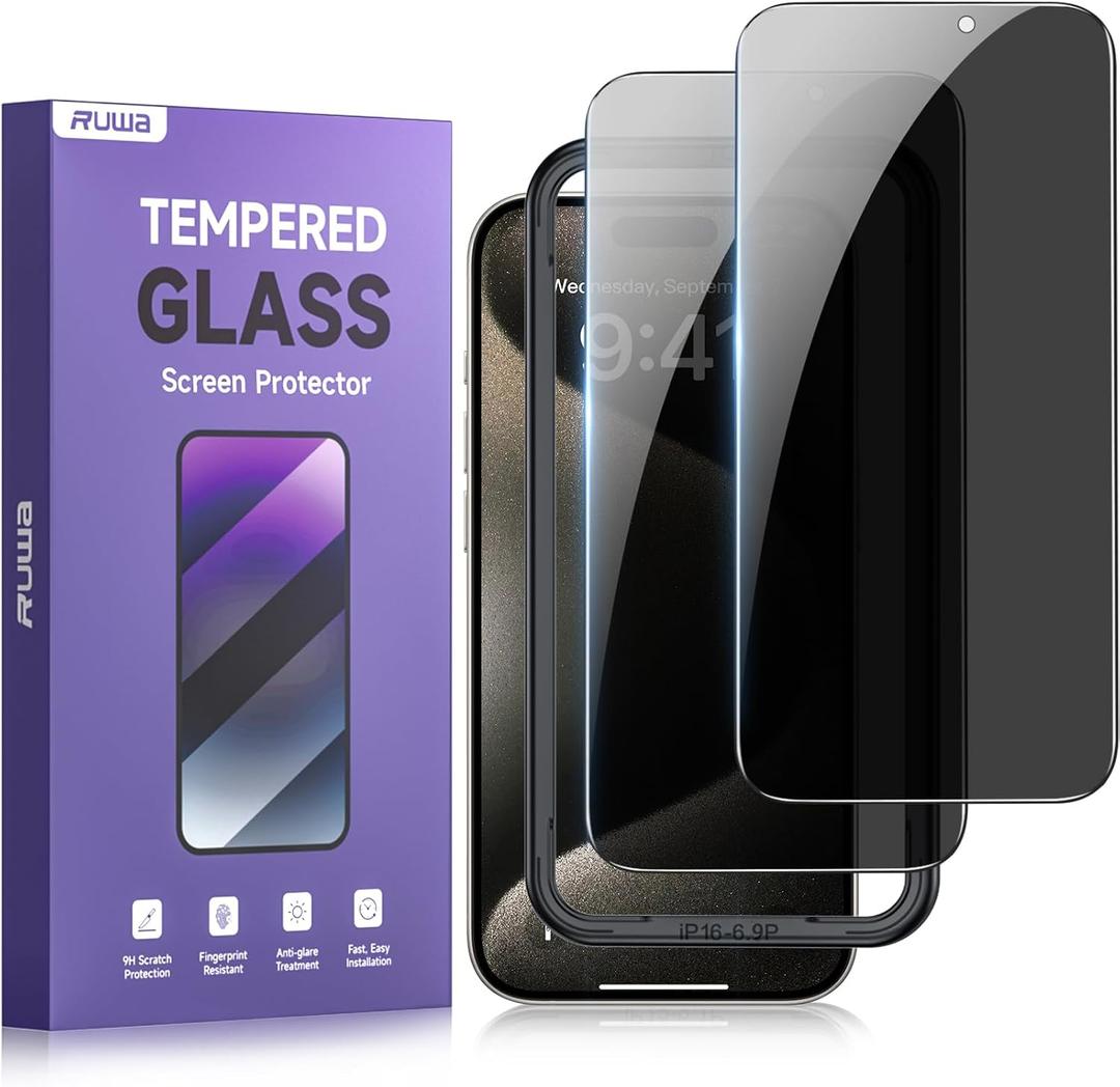 2 x ruwa Privacy Screen Protector for iPhone 16 Pro Max[2-Pack] Anti-Peep Tempered Glass Film with Easy Installation Frame, 9H Hardness, Scratch Resistant, Case Friendly