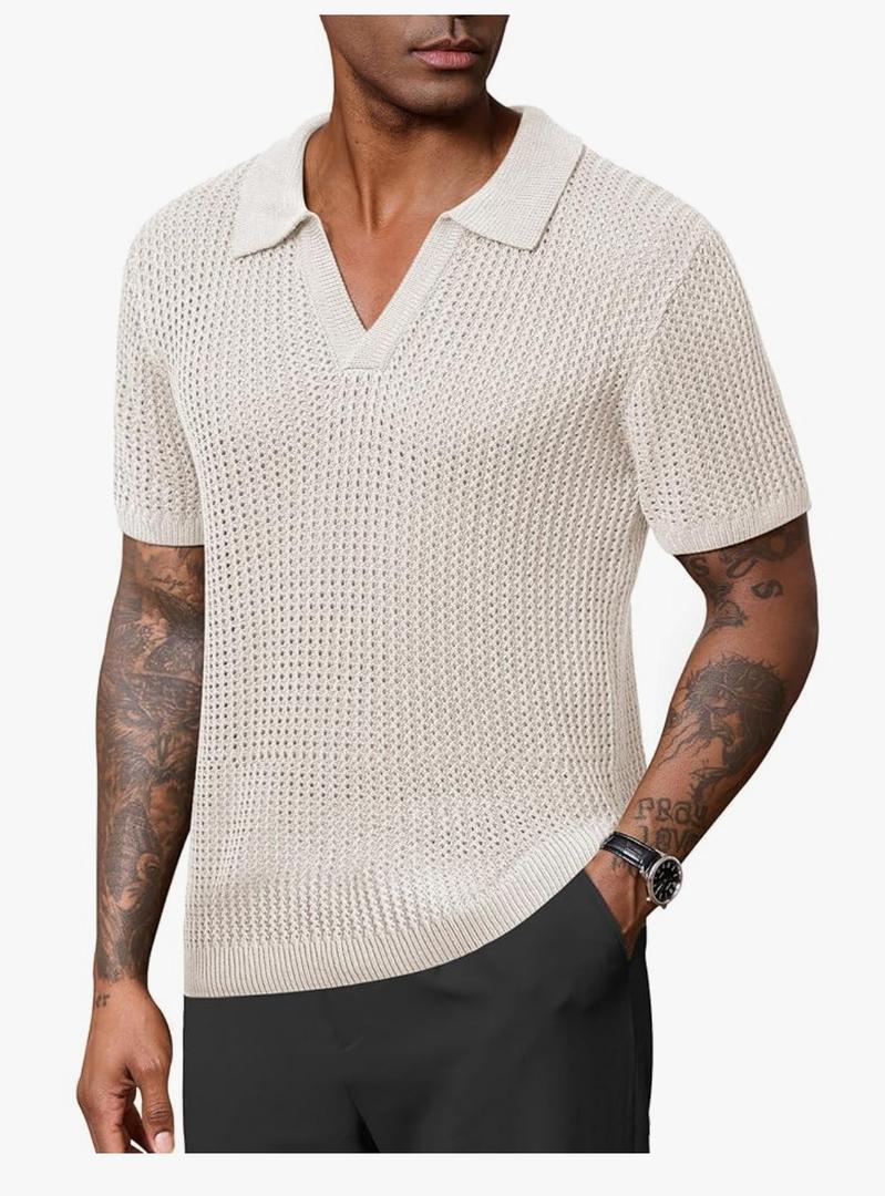 Mens Johnny Collar Polo Shirts Crochet Hollow Out Summer Casual Shirt L
