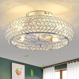Caged Crystal Ceiling Fans with Lights and Remote,20" Flush Mount Low Profile Ceiling Fan with Light,6 Speed Enclosed Ceiling Fan with Reversible Motor for Bedroom Living Room|(4 E26 Bulbs Included)