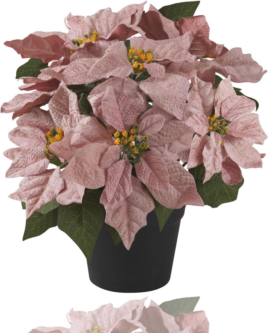 MATBAR Poinsettias Artificial Christmas Flowers Pink Faux Poinsettia Outdoor 15 Inch Winter Flowers for Home Office Table Decorations Indoor Outdoor Xmas Ornament