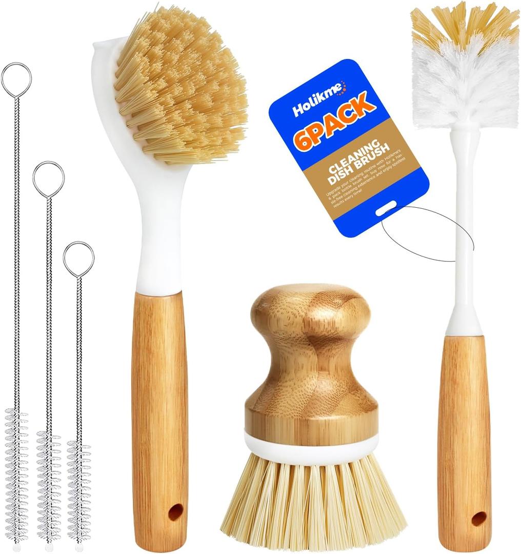 Holikme 6 Pack Dish Brush Kitchen Brushes Set with Bottle Brush, Dish Brush, Palm Scrub Brush and Straw Brush, Fruit Vegetable Cleaning Brushes, Long Handle for Skillet Wok Pot Pan Cast Iron, Yellow
