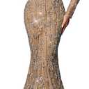 Women's V-Neck Sequin Beaded Mermaid Prom Dress Long Sleeve Formal Evening Gown Bodycon Wedding Guest Party Maxi Dress (Beige, L)