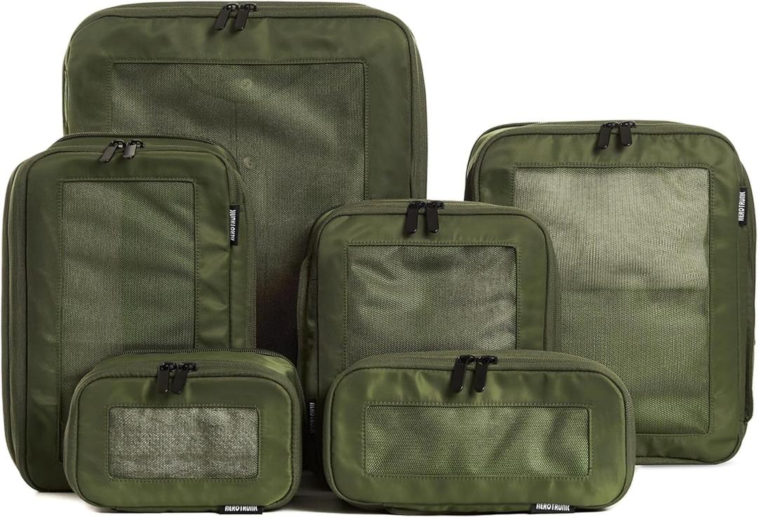 Aerotrunk Compression Packing Cubes for Travel - Luggage Organizer Bags - Double Zipper Packing Cubes for Suitcases (6-Pack, Olive)