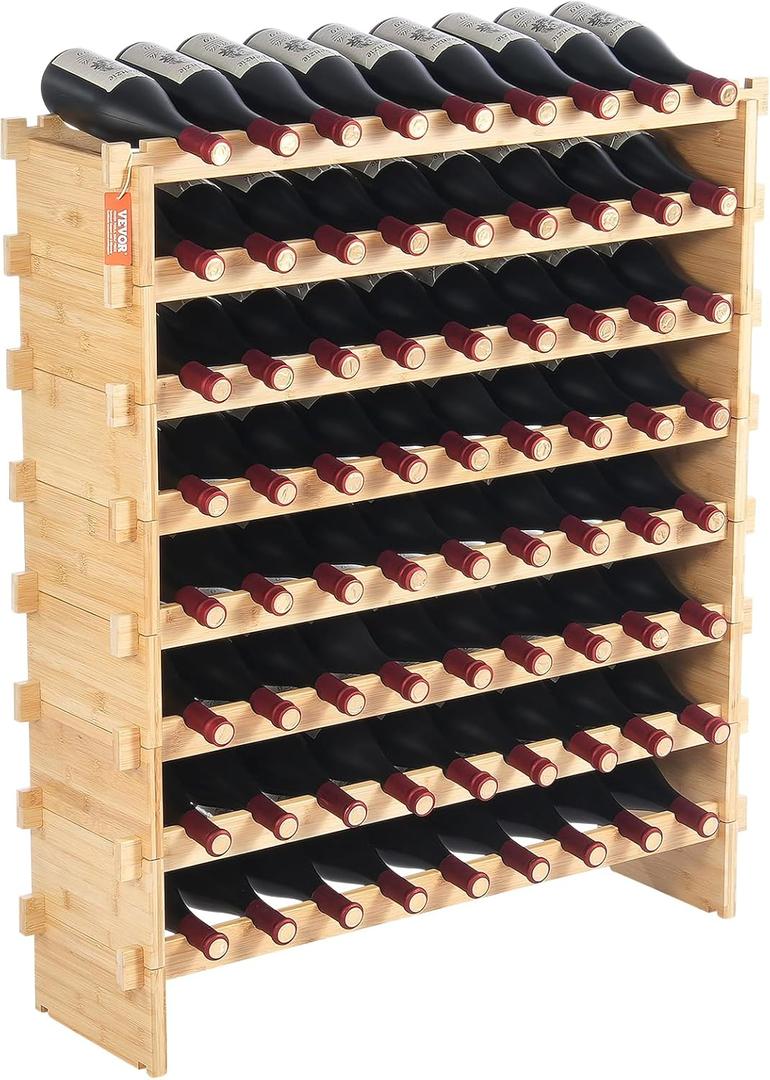VEVOR 72 Bottle Upgrade Modular Wine Rack, Continuously Store Pinot Bottles, 8-Tier Bamboo Wood Storage Rack, Floor Freestanding Wines Holder Display Shelf, Wobble-Free Shelves for Kitchen Bar Cellar (Original Wooden Colour)