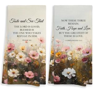 Vintage Christian Wildflower Floral Kitchen Towels Set of 2, Spring Bible Verse Hand Towels for Bathroom, Rustic Flower Religious Decorative Hand Tea Dish Towels for Kitchen Decor 16x24in