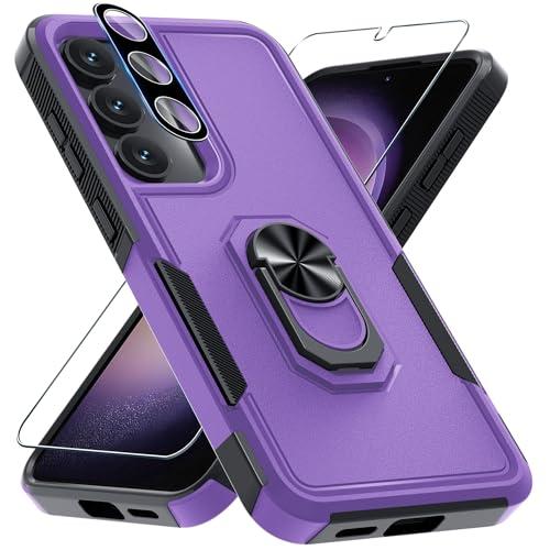 for Samsung Galaxy S25 Plus/S24 Plus Case with Screen Protector+Camera Lens Protector,Heavy Duty Shockproof Full Body Protective Cover Built in Rotatable Metal Ring Holder Kickstand,2025 Lavender