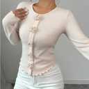 Women's Floral Applique Ribbed Knit T Shirt Long Sleeve Crewneck Slim Fit Lettuce Trim Elegant Top (S)