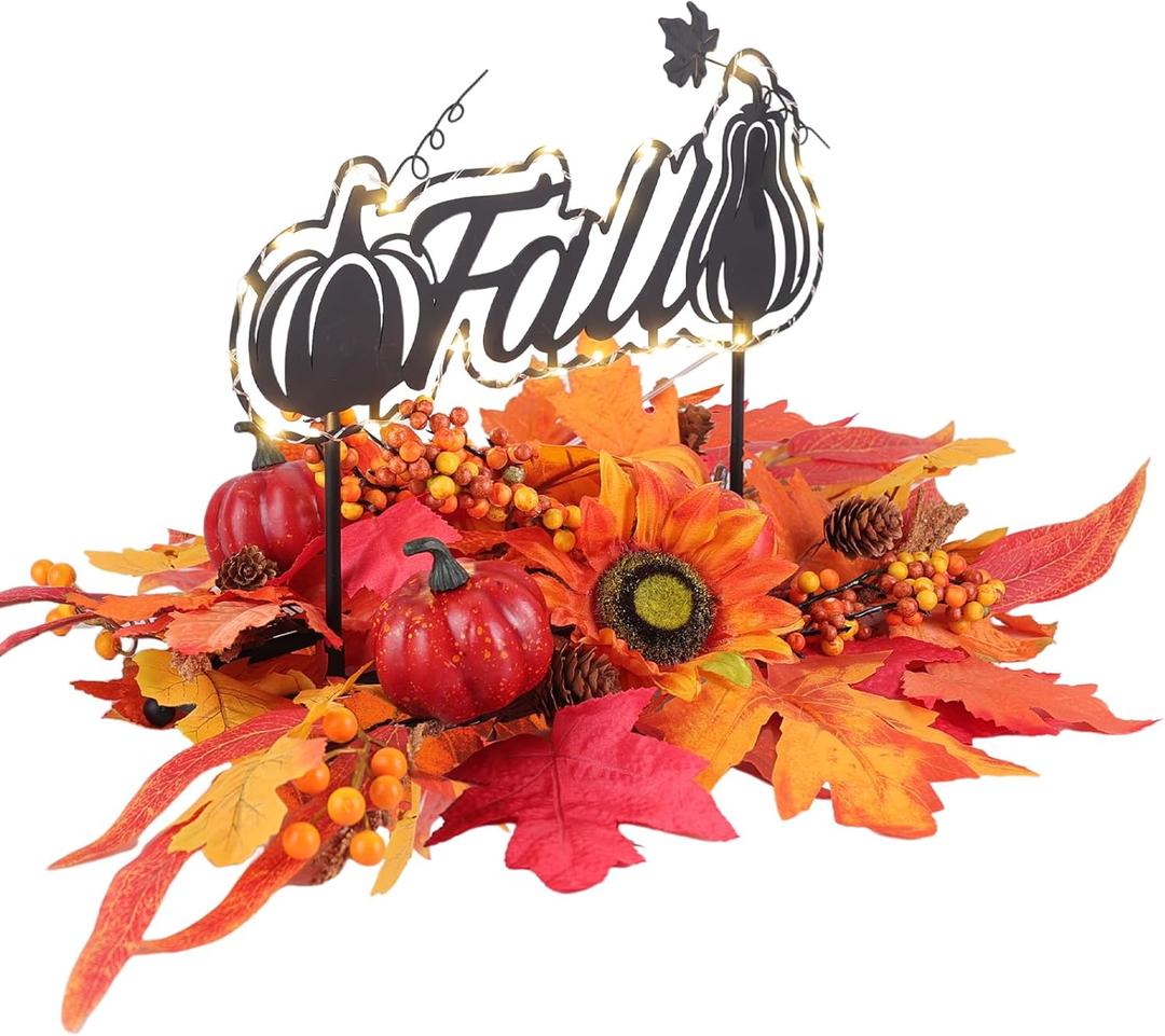 MEETYAMOR Fall Centerpieces for Table, 25" LED Lighted Pumpkin Centerpiece for Fall Thanksgiving Decor, Artificial Pine Cones, Berries, Autumn Leaves Harvest Fall Dining Table Decorations for Home