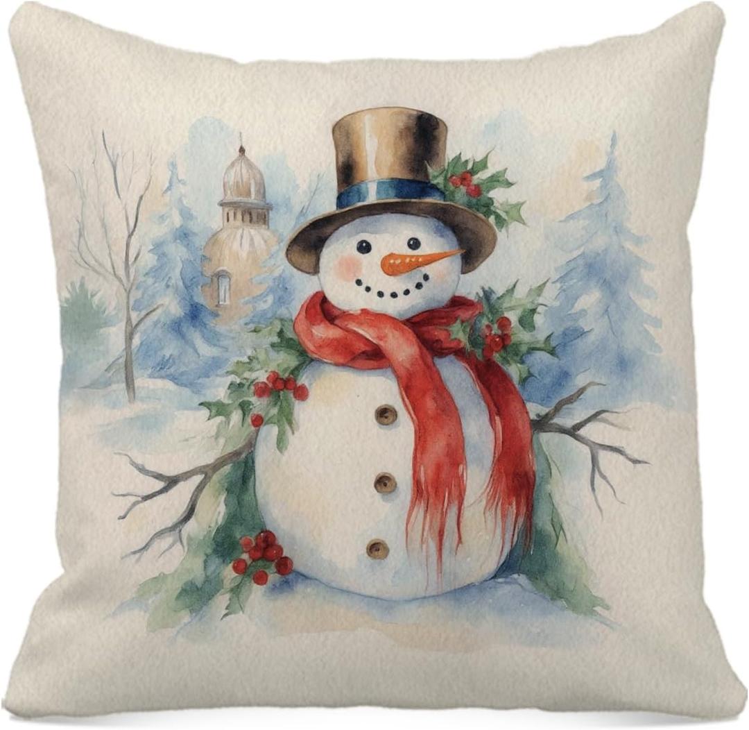 Winter Christmas Snowman Pillow Covers 18x18, Winter Home Decor, Holiday Snowy Christmas Red Scarf Snowman Decorative Throw Pillow Covers for Couch Bedroom Living Room