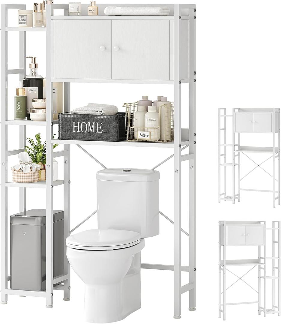 MUTUN Over The Toilet Storage Cabinet with Doors, 7-Tier Bathroom Organizer Storage Shelves, Freestanding Shelf for Restroom Laundry, Plant Stands Indoor, White