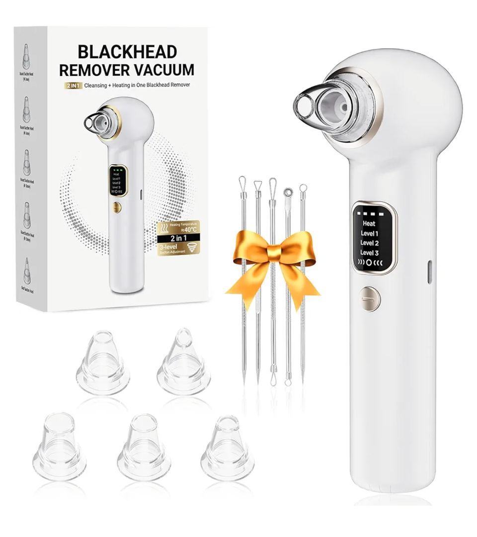 Electric Blackhead Remover Vacuum with Heating, 3 Suction Levels 5 Probes Pore Extractor Kit, Rechargeable Deep Pore Cleansing Tool for Women & Men (White)