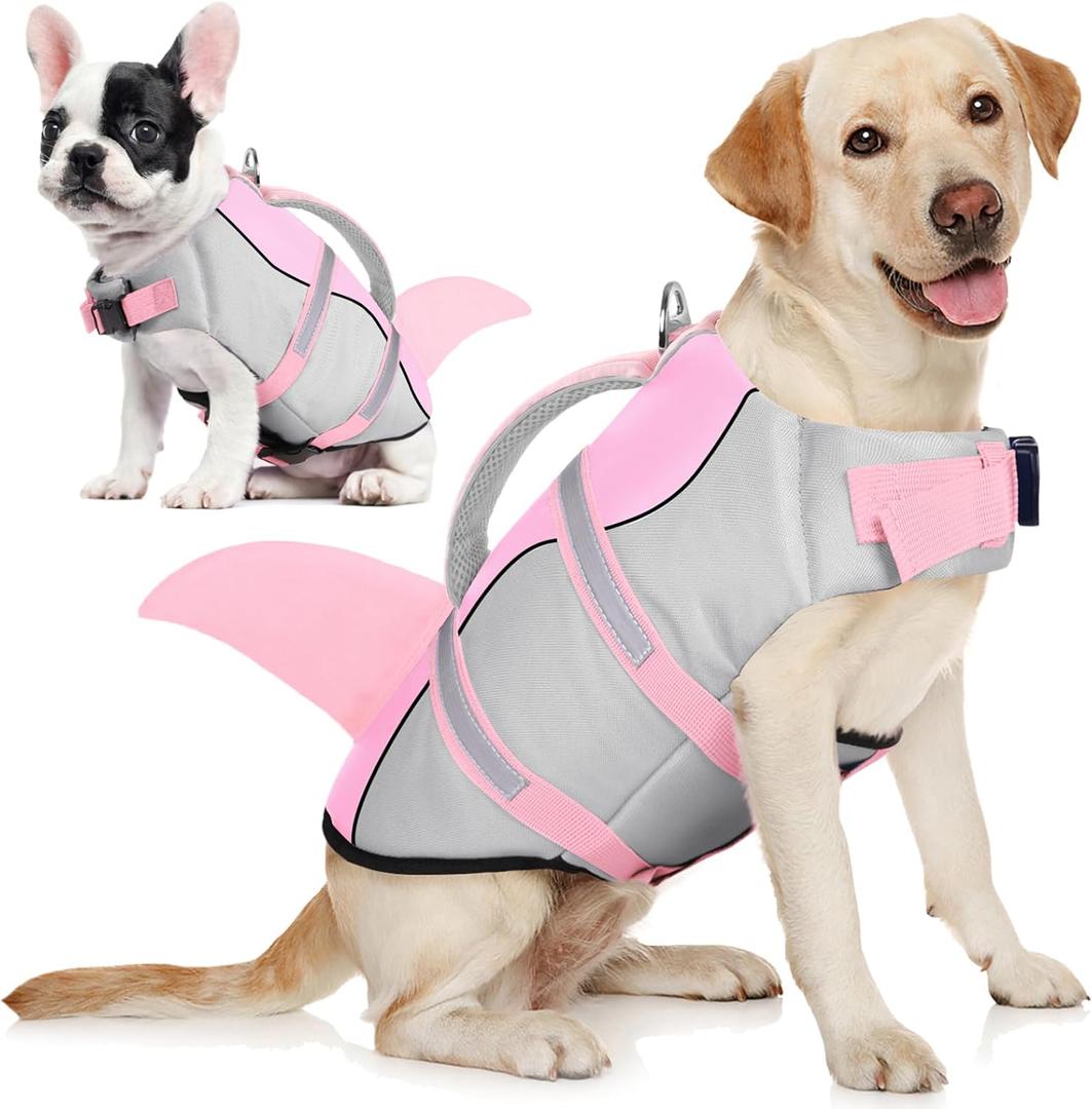 AOFITEE Dog Life Jacket, Shark Dog Life Vest for Swimming Boating, High Flotation Pet Lifesaver with Rescue Handle, Reflective French Bulldog Lifejacket, Life Jackets for Small Medium Large Dogs, M (Light Pink)