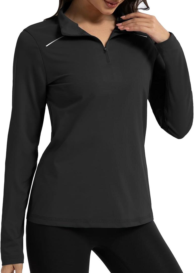 GEMYSE Women's 1/4 Zip Pullover Shirts Long Sleeve Workout Tops Quick Dry Casual Rash Guard Shirts (Black, XL)
