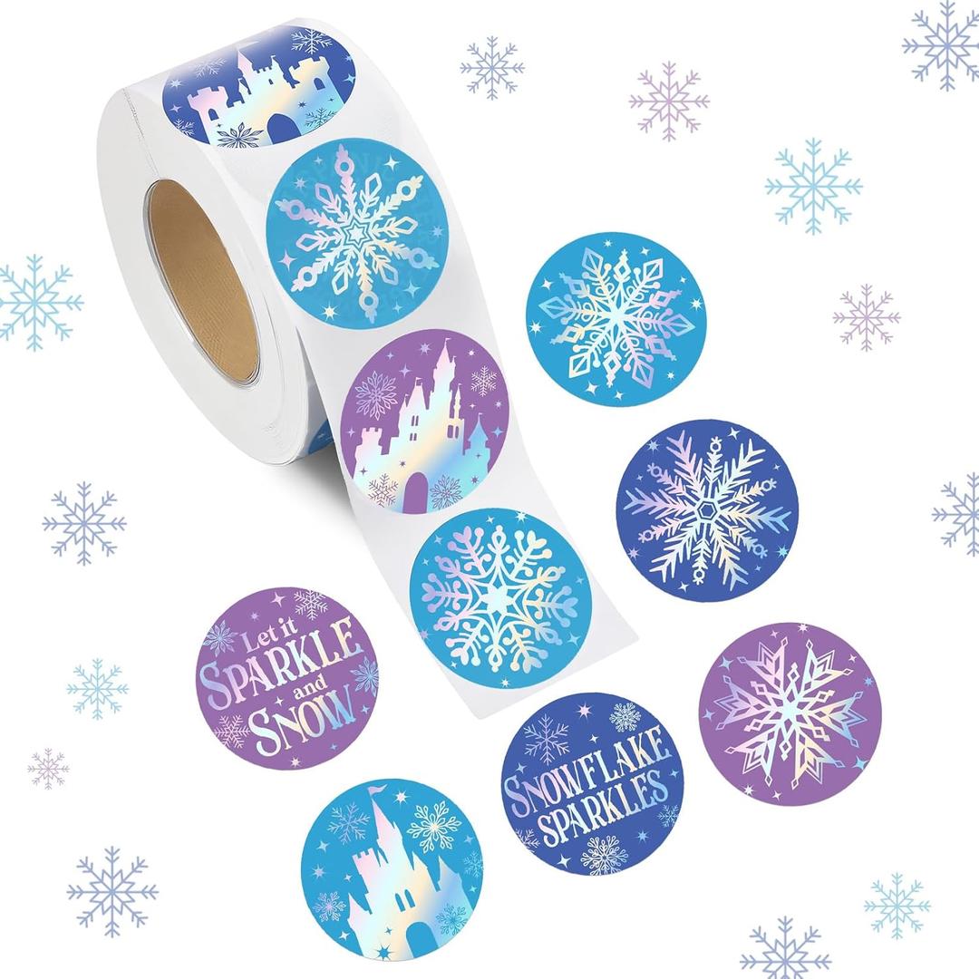 2 x Karenhi 1000 Pcs Winter Snowflake Sticker Roll, 1.25inch Christmas Snowflakes Princess Labels Self Adhesive Winter Holiday Decoration for Xmas Envelopes Seal Cards Wonderland Party Favor Gift Wrapping