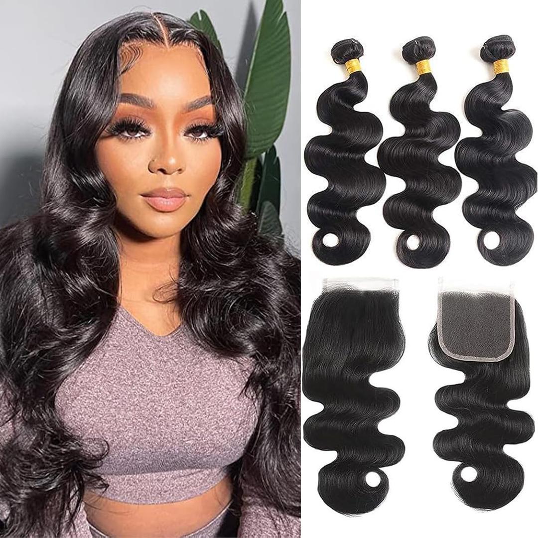 Human Hair Bundles with Closure 18 20 22+16 Inch Body Wave Closure with Bundles 100% Brazilian Virgin 3 Bundles Human Hair Weave with 4x4 Free Part Lace Closures Natural Black