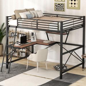 Bellemave Full Size Loft Bed with Desk and Storage Shelf, Full Size Loft Bed Frame with Guardrail and Ladder, Heavy Duty Loft Beds for Kids, Teens, Black
