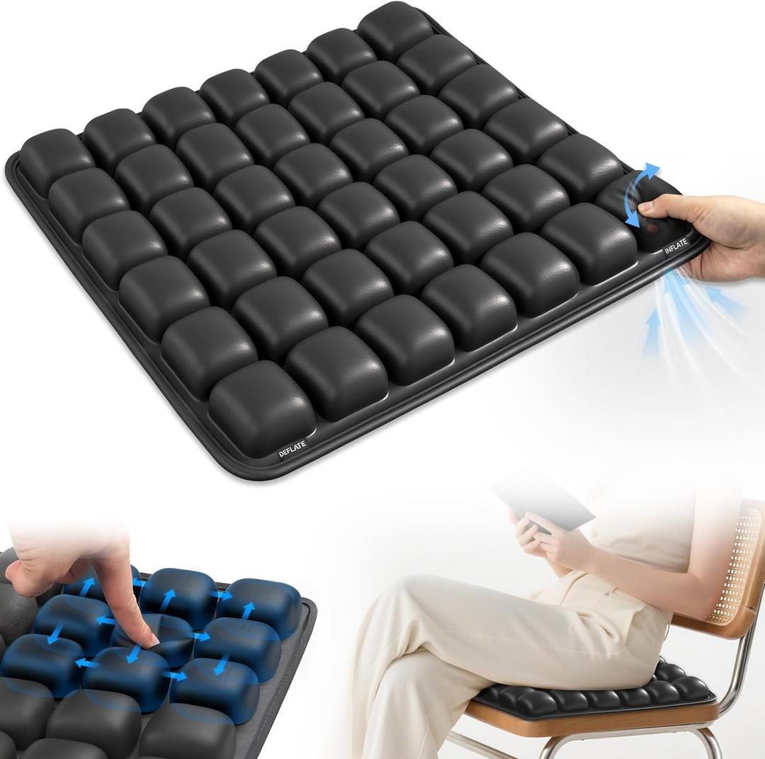 Upgrade Airplane Seat Cushion with No External Air Pump, Inflatable Seat Cushion for Long Flights, Portable Wheelchair Cushions, Adjustable Air Cushion with Non-Skid Bottom Relief Discomfort in Coccyx (square, Black)