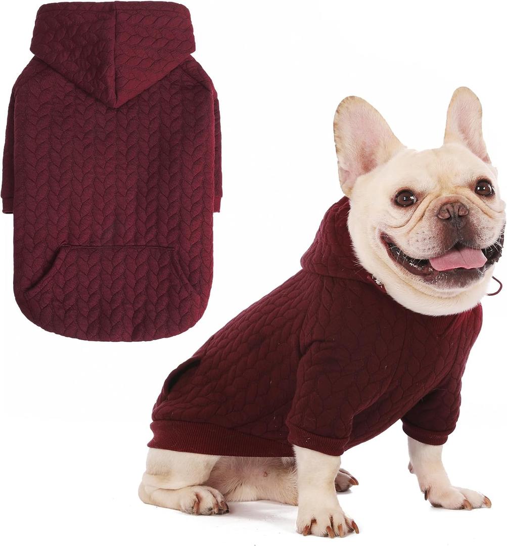 EXPAWLORER Textured Cable Knit Basic Dog Hoodie, Elevated Style Dog Sweater with Leash Hole and Pocket, Soft and Warm Pet Winter Coat, Cold Weather Clothes for Small Medium Large Dogs,Wine Red S (S(Back:12.2",Chest:19.3",Neck:15"))