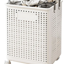 55L Collapsible Extral Large Laundry Hamper, Plastic Laundry Basket with Wheels, Suitable for Bathroom, Bedroom, Dorm Room & Laundry Room, Basket with Handle (White)