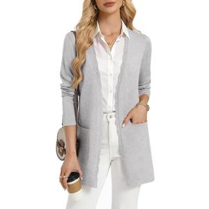 GRACE KARIN Long Cardigan Sweaters for Women Business Casual Fall Outfits | Pockets, Scalloped Placket, Open Front Long Sleeve Business Casual Outfits, Knit Teacher Outfits, Lightweight Sweater Blazer (Gray), M