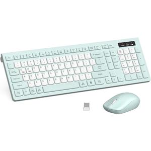 Wireless Keyboard and Mouse Combo, FullSized Wireless Keyboard and Adjustable DPI Mouse, 2.4GHz USB Receiver, Keyboard and Mouse for PC, Windows, Desktop, Laptop (Mint Green and White)
