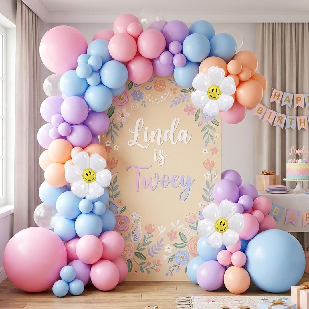 138Pcs Blue Balloon Garland - Flower Balloon Arch Kit - Pastel Pink Blue Purple Orange Daisy Balloons For Girl's Blue Birthday Decorations, Wildflower Party Decorations