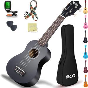 iECO Soprano Ukulele Beginner Kit Adults 21 Inch Ukelele w/Case Strap Tuner Strings Picks (Black)