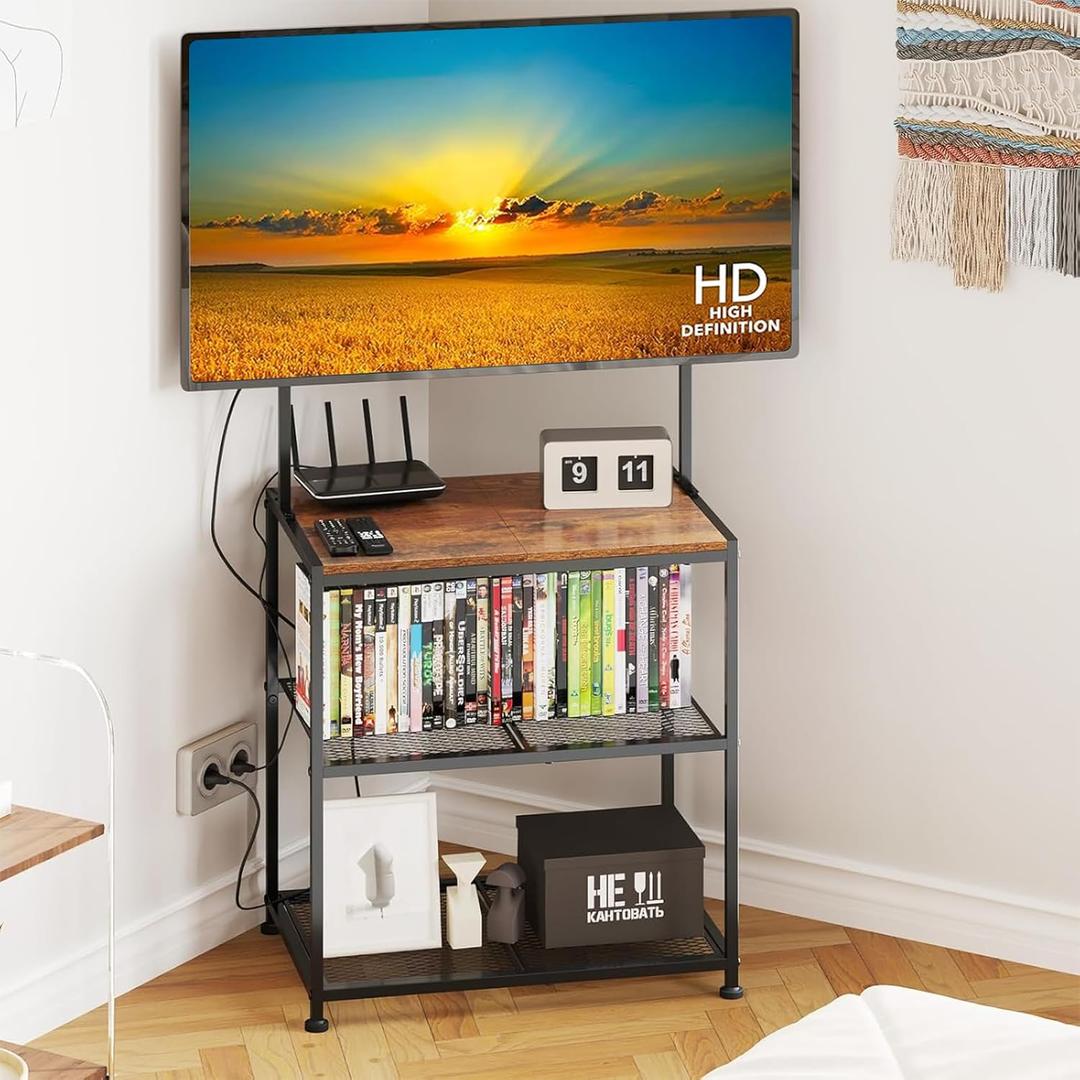 23 Inch to 50 Inch Floor Small Corner TV Stand with Storage Shelves for Living Room Bedroom, Universal Floor Television Stands with Mount, Rustic Brown Corner TV Table Desk Shelf for Small Space