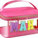 Kinlop American Mahjong Bag Empty Clear Mahjong Tiles Bag, Letter Embroidery Mahjongs Case for Standard Size American Mahjongs Set, Case Only(Pink,Mahj)