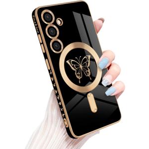 for Samsung Galaxy S24 5G Magnetic Case, Cute Butterfly Luxury Plating Edge Case for Women Girls Men Soft TPU Shockproof Full Camera Protective Cover for Samsung Galaxy S24-Black