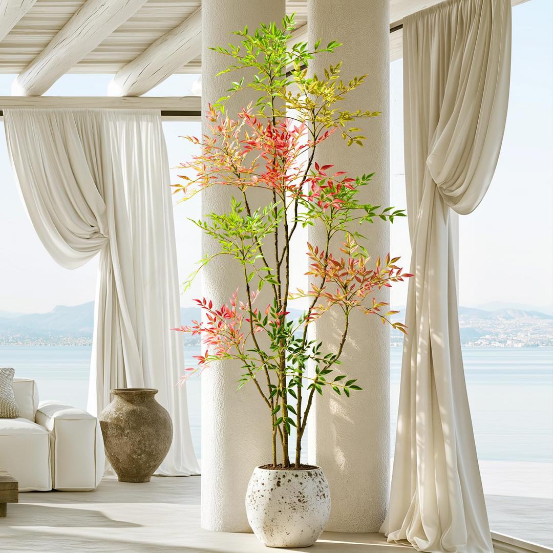 Erimda 6ft Artificial Nandina Tree, Faux Bamboo Tree 1,100+ Leaves Faux Plant with Weighted Cement Pot, Realistic Fake Potted Shrub for Indoor Home Office Japanese Garden Decor, Housewarming Gift