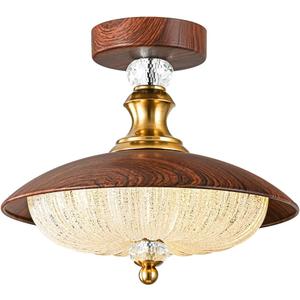 Vintage Crystal Semi-Flush Mount Ceiling Light, 12-Inch Glass Faux Wood Gold Light Fixture, Mid Century Suitable for Dining Room Kitchen Foyer Entryway Hallway Bedroom 5-Light