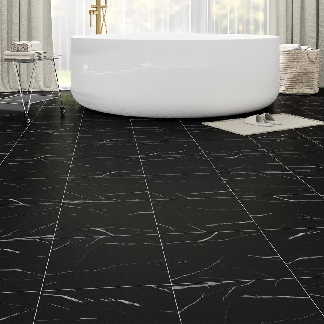 10-Pack Peel and Stick Floor Tiles Vinyl Floor 12 x 12 inch Self Adhesive Waterproof Flooring Planks DIY for Bathroom, Kitchen, Living Room, RV, Cover 10 Sq. Ft, Black Vein Marble