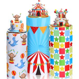 Mindsoft Set of 3 Carnival Circus Spandex Cylinder Stand Covers for Party, Flexible Cylinder Pedestal Covers, Dessert Tables Display for Birthday Party Wedding Backdrop Decor(Multicolor, Carnival)