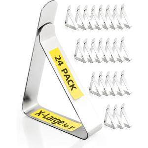 Tablecloth Clips for 3'' Thick Tables - 24 Pack Heavy Duty Stainless Steel Picnic Table Cover Clamps, Silver, X-Large 3.15 in