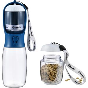 Dog Water Bottle with Food Container, Travel Puppy Water Bowl, Portable Pet Dispenser, Dog Stuff Accessories Items, Puppy Essentials Necessities for Yorkie Chihuahua Cat Walking and Hiking (19oz, #03 Dark Blue)