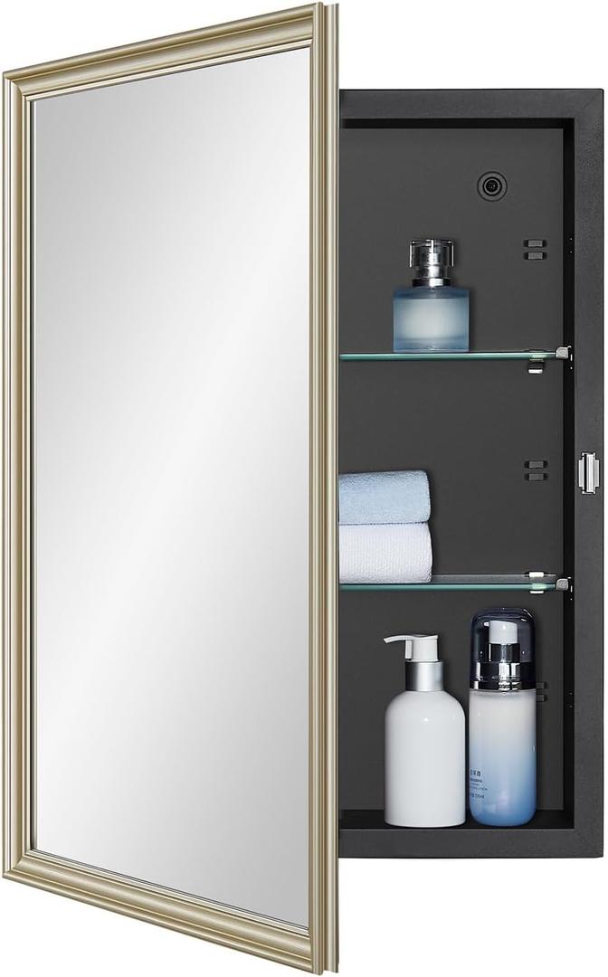 IDYLLOR Black Medicine Cabinet with 16x22 Inch Gold Frame Mirrored Door, Wall Mounted Storage, Recessed or Surface Mount, 2 Adjustable Glass Shelves, Vanity Organizer for Bathroom, Bedroom, Hallway, 16x22 inch Framed Mirrored Door
