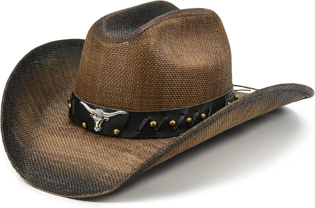 FLUFFY SENSE. Cowboy Hat for Women and Men - Straw Cattleman Crease Western Hats with Upgrade 4 inches Shapeable Wide Brim (Brown)
