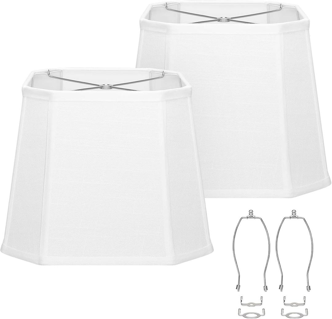 White Lamp Shades Set of 2, 10.5" x 10"x 13" Rectangle Cut Corner Medium Lampshades Natural Linen Hand Crafted, Include 2 Pack Lamp Harps, Suitable for E26 Base and Saddle Base, Easy Assembly Required