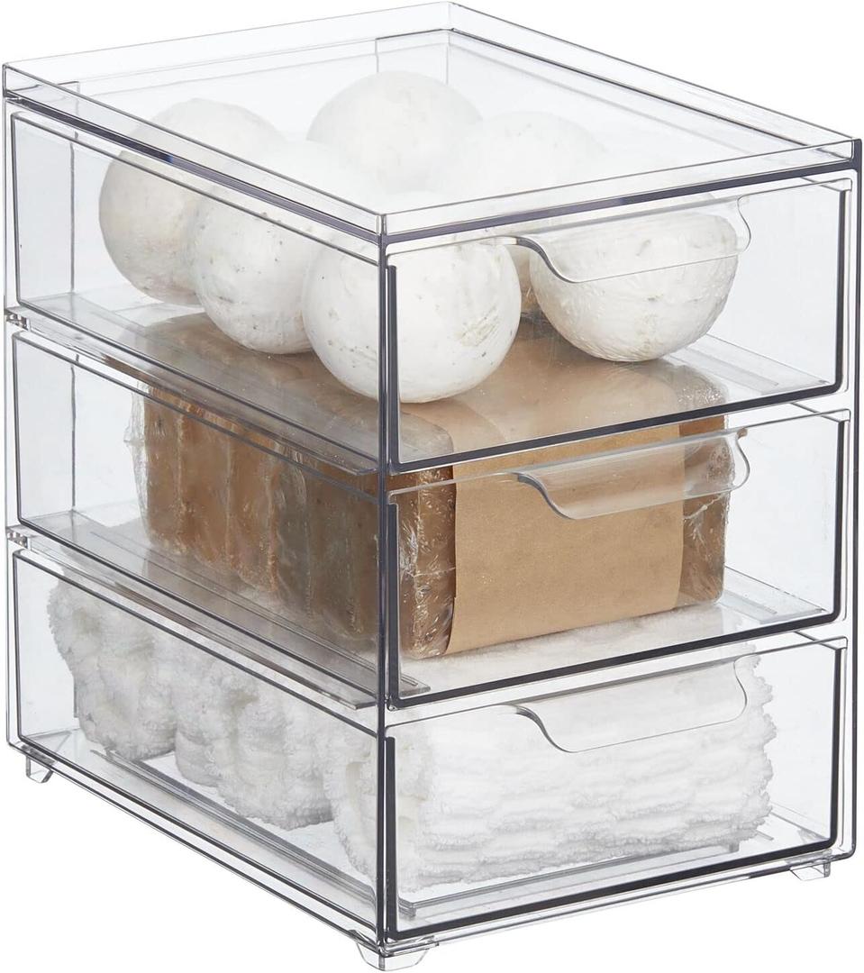 mDesign Plastic Stackable Organizer with 3 Drawers - Pull-Out Drawer Storage Bin for Bathroom Sink/ Cabinet Organization - Perfect for Makeup, Small Towels, and More - Lumiere Collection, Clear,  8 x 6 x 8 (Pack of 1)