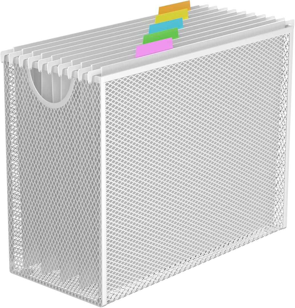 GoldOrcle Hanging File Organizer, Letter-Size File Holder Filing Box with 5 Hanging Folders, Metal Mesh Desk File Folder Storage(No Assembly Required) (White, with 5 Grey Folders)