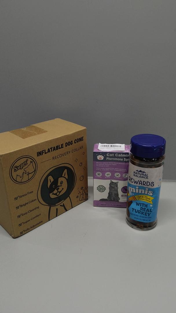 SET OF 3, Pet Care Bundle - Inflatable Dog Recovery Collar + Natural Balance Rewards Minis Dog Treats with Real Turkey + Cat Calming Pheromone Spray (60 days), Expiry: 28/12/2026, Best By: 2025 JUL 18