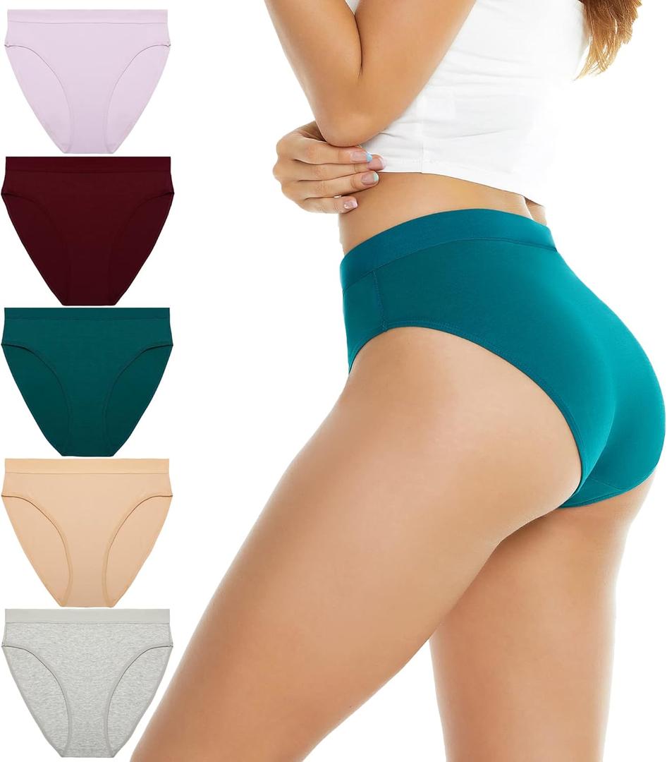 Women's Cotton Underwear Hi Cut Panties for Women Solid Briefs Soft Stretchy Ladies Underpants (5-pack) (XX-Large, High Leg Cut-apricot, Gray, Red, Green, Purple)