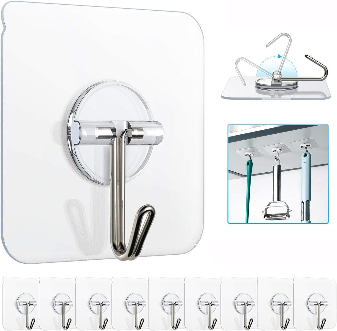 Adhesive Hooks Removable Wall Hooks 13 LB Ceiling Hook Transparent Seamless Waterproof and Oil Proof for Cabinet Kitchen Bathroom Ceiling Office Window 10 Pack